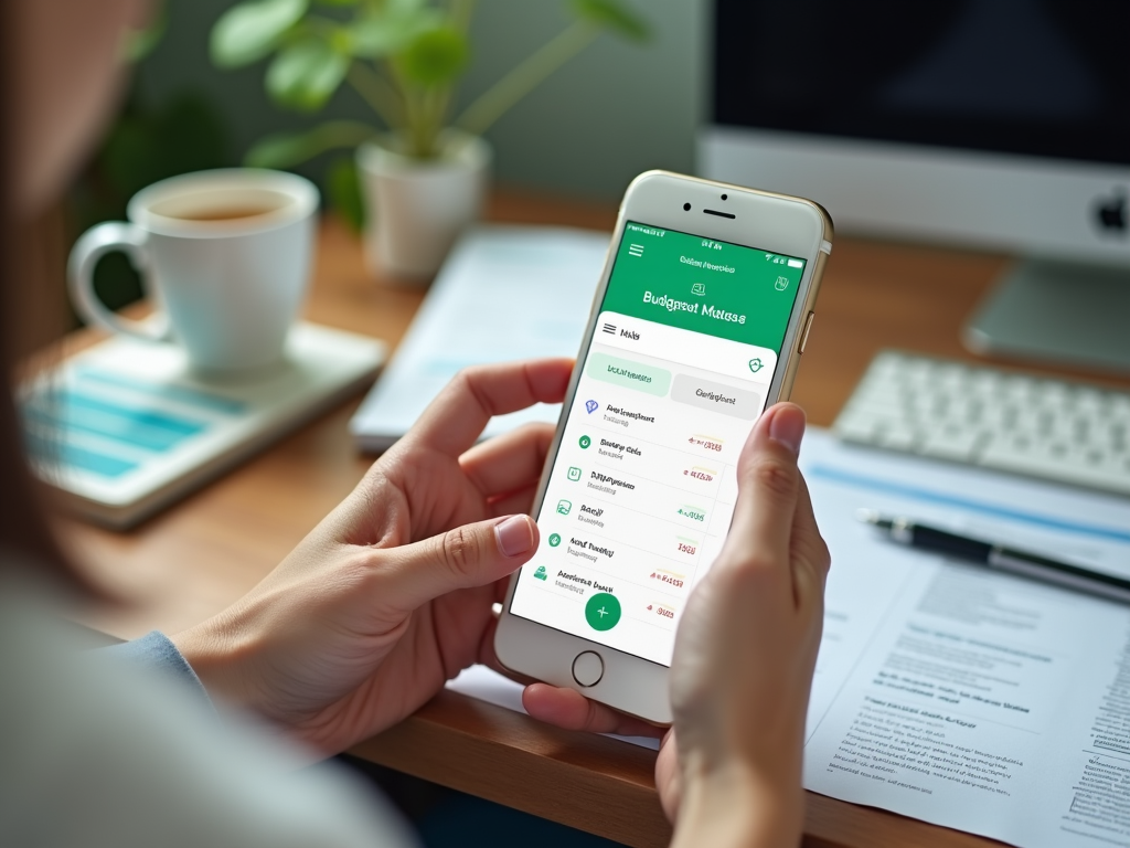 Женщина проверяет свой бюджет в мобильном приложении на смартфоне, сидя за столом.